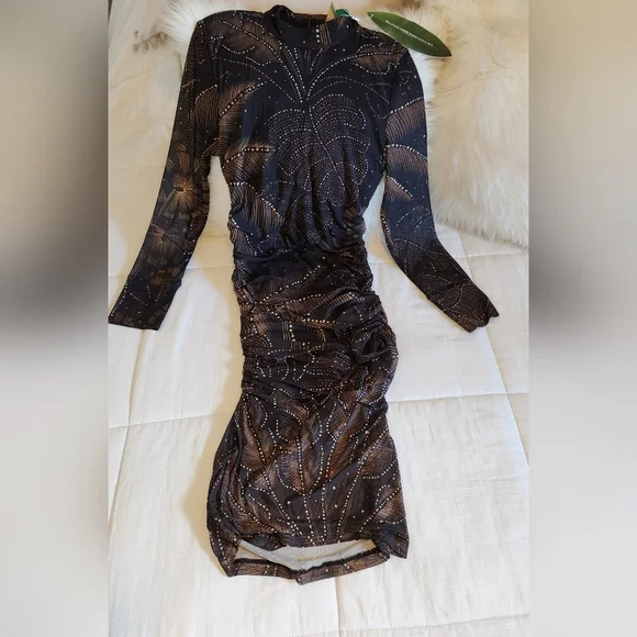 Farm Rio Black Golden Foliage Tulle Midi Dress - Picture 2 of 15